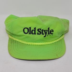 Vintage Old Style Beer Rope Trucker Leather Strapback Hat Neon Green 90s Drinks